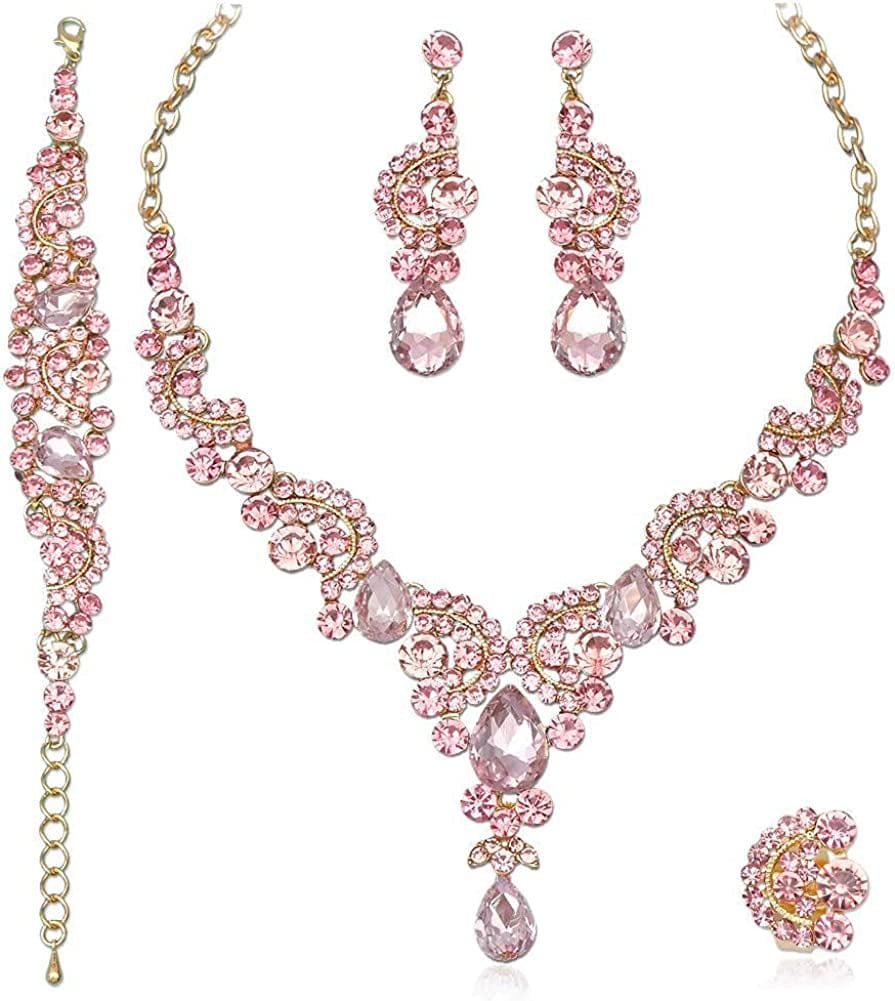 Elegant Crystal Necklace Earrings Bracelet Ring Bridal Wedding Party Costume Jewelry Sets for Brides Women 4 Pcs/Set-Gold Plated-Pink