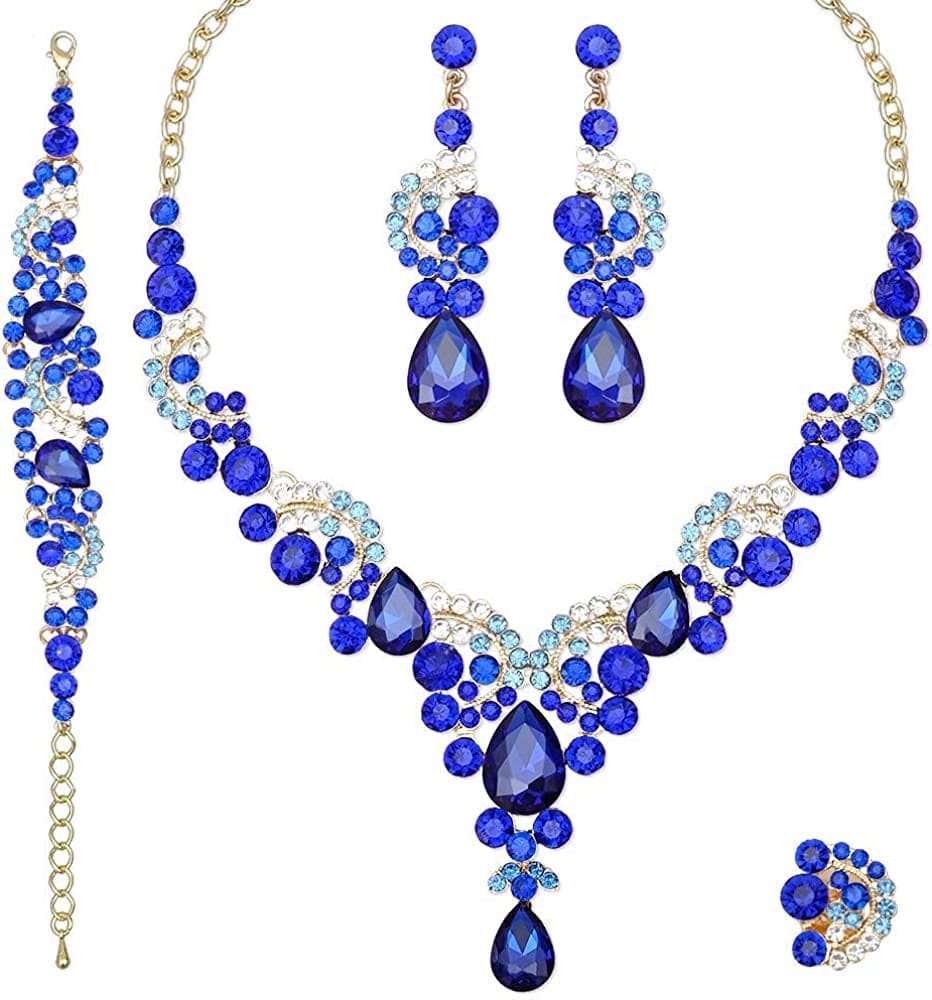 Elegant Crystal Necklace Earrings Bracelet Ring Bridal Wedding Party Costume Jewelry Sets for Brides Women 4 Pcs/Set-Gold Plated - Royal Blue