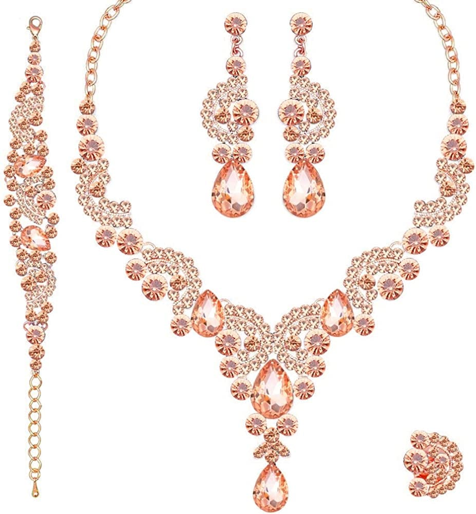 Elegant Crystal Necklace Earrings Bracelet Ring Bridal Wedding Party Costume Jewelry Sets for Brides Women 4 Pcs/Set-Rose Gold Plated-Peach Color