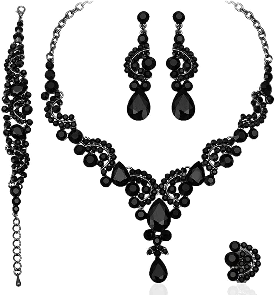 Elegant Crystal Necklace Earrings Bracelet Ring Bridal Wedding Party Costume Jewelry Sets for Brides Women 4 Pcs/Set-gun black-black crystal