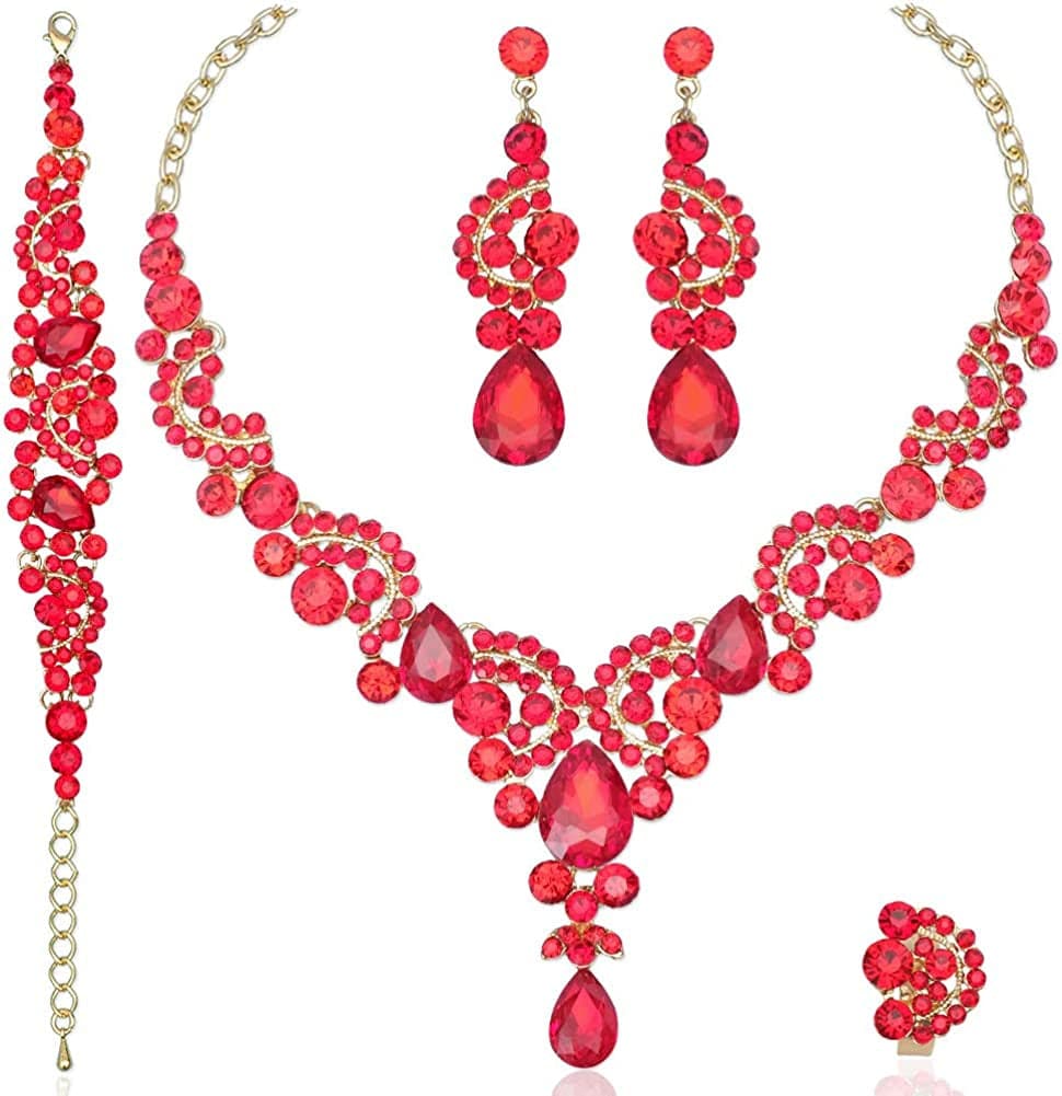 Elegant Crystal Necklace Earrings Bracelet Ring Bridal Wedding Party Costume Jewelry Sets for Brides Women 4 Pcs/Set-Gold Plated - Red