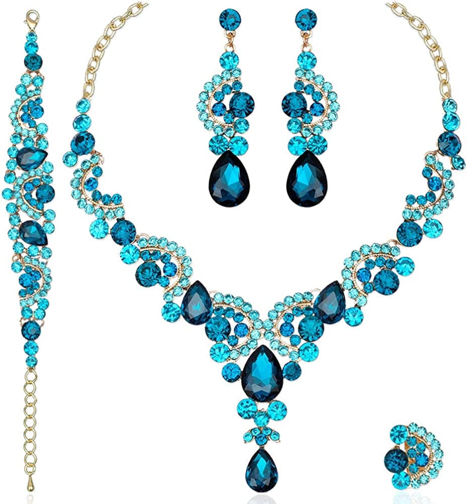 Elegant Crystal Necklace Earrings Bracelet Ring Bridal Wedding Party Costume Jewelry Sets for Brides Women 4 Pcs/Set-Gold Plated-Aquamarine