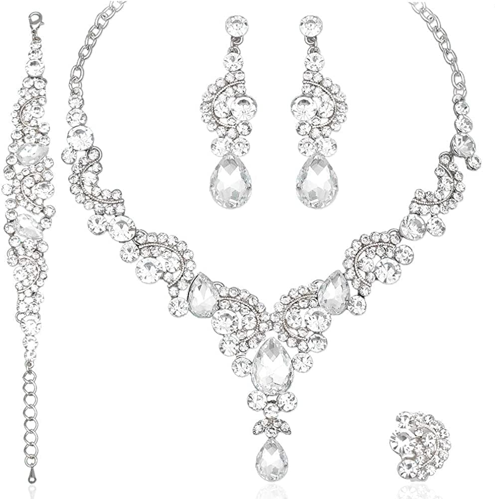 Elegant Crystal Necklace Earrings Bracelet Ring Bridal Wedding Party Costume Jewelry Sets for Brides Women 4 Pcs/Set-white gold plated-white