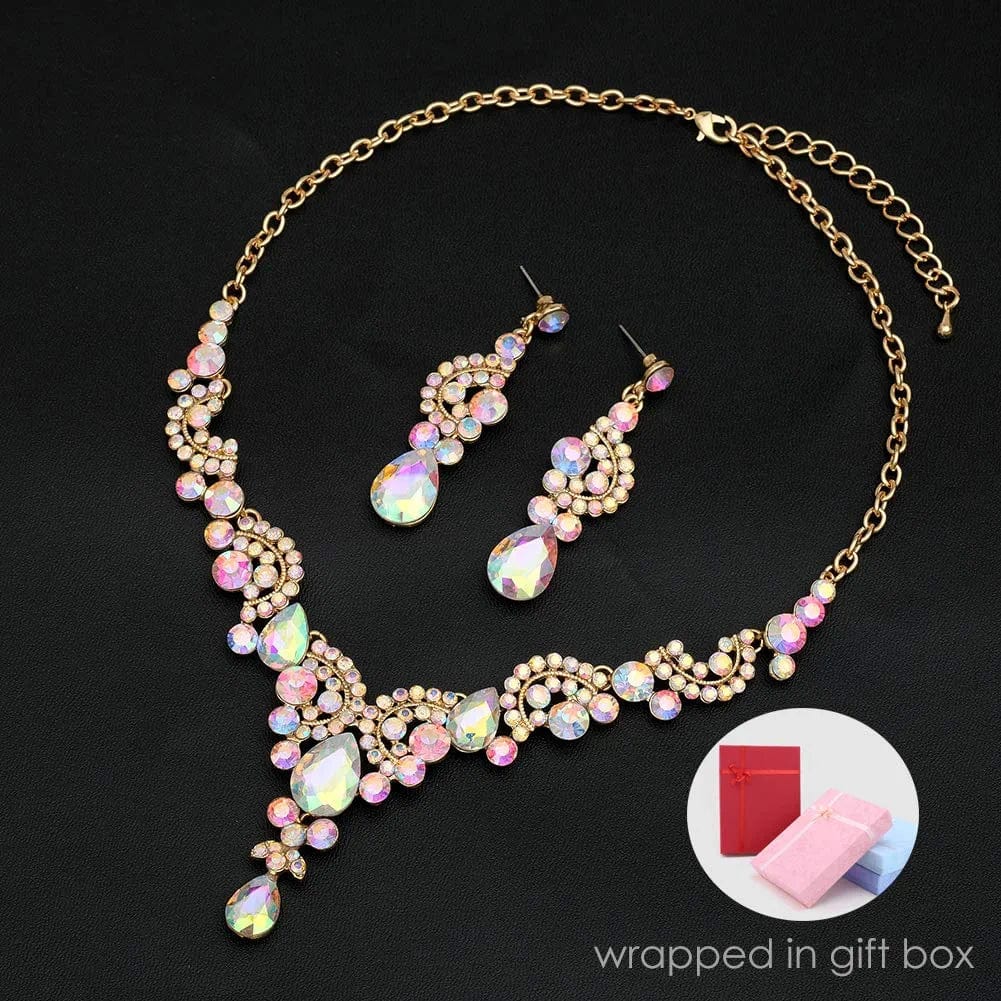 Elegant Crystal Necklace Earrings Bracelet Ring Bridal Wedding Party Costume Jewelry Sets for Brides Women