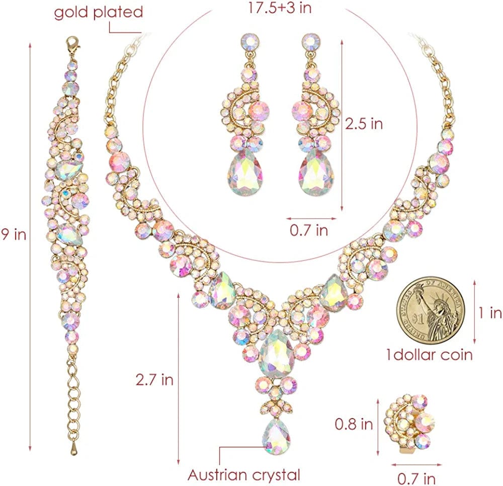 Elegant Crystal Necklace Earrings Bracelet Ring Bridal Wedding Party Costume Jewelry Sets for Brides Women