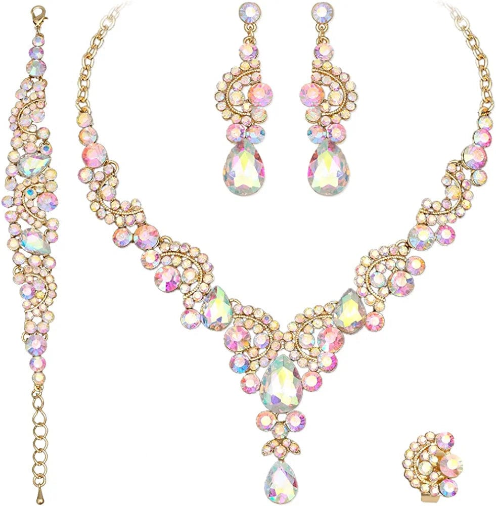 Elegant Crystal Necklace Earrings Bracelet Ring Bridal Wedding Party Costume Jewelry Sets for Brides Women 4 Pcs/Set-gold plated-AB Crystal