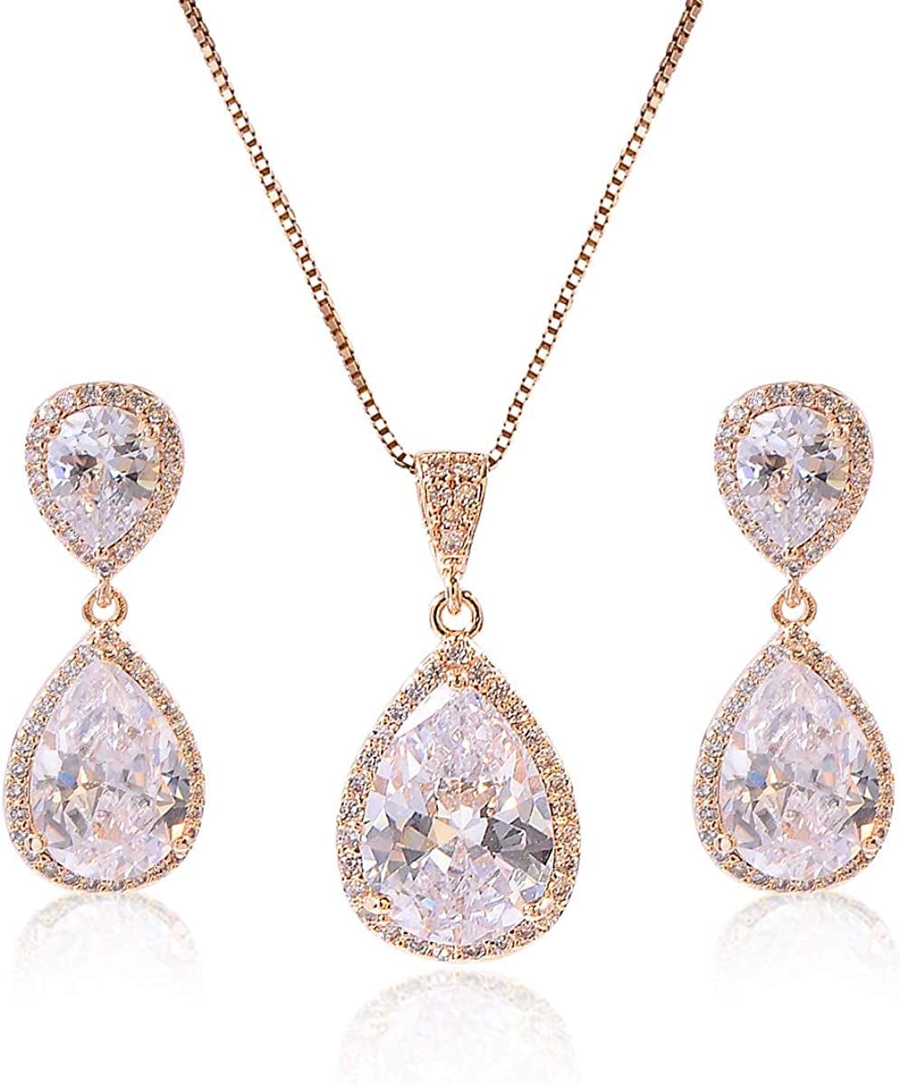 Elegant Jewelry Set for Women - Silver Teardrop Clear Cubic Zirconia Crystal Rhinestone Drop Earrings and Necklace Bridal Jewelry Sets Best Gift for Bridesmaids Guardian Angel (14k Yellow Gold Plated)