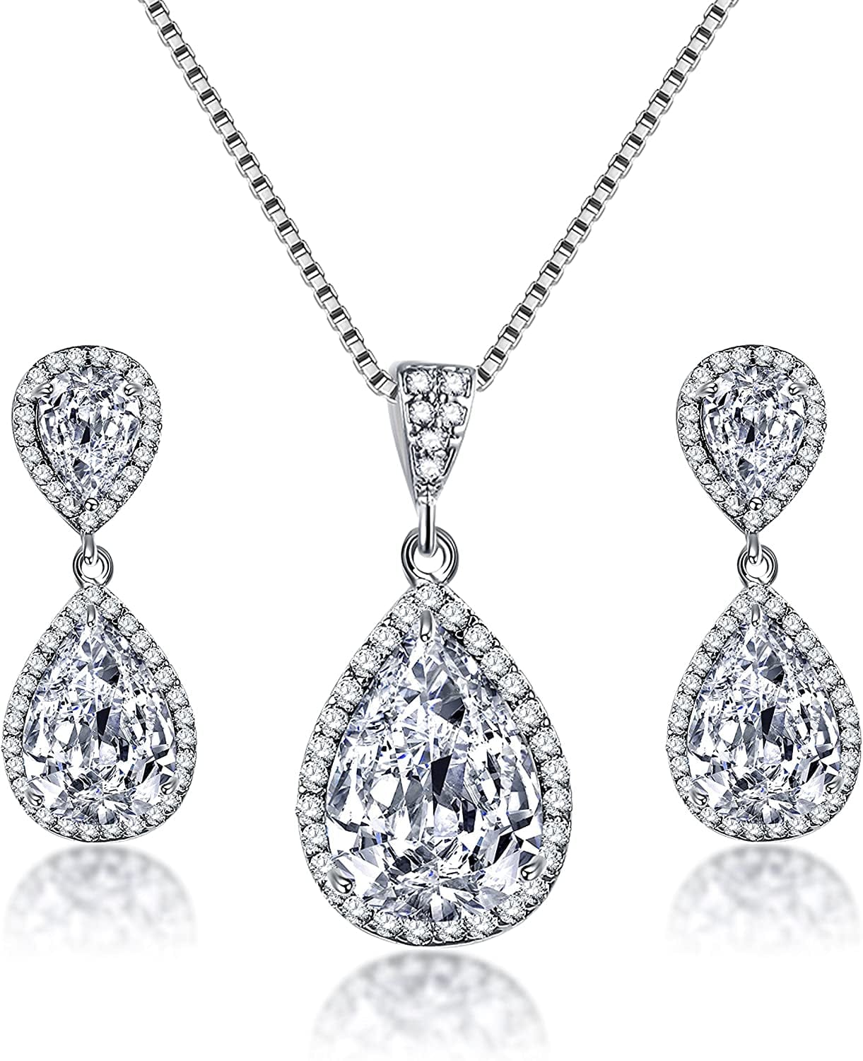 Elegant Jewelry Set for Women - Silver Teardrop Clear Cubic Zirconia Crystal Rhinestone Drop Earrings and Necklace Bridal Jewelry Sets Best Gift for Bridesmaids Guardian Angel