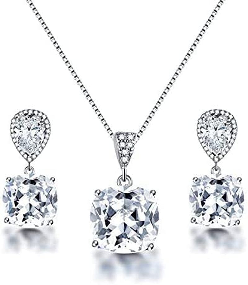 Elegant Jewelry Set for Women - Silver Teardrop Clear Cubic Zirconia Crystal Rhinestone Drop Earrings and Necklace Bridal Jewelry Sets Best Gift for Bridesmaids Shining Beauty