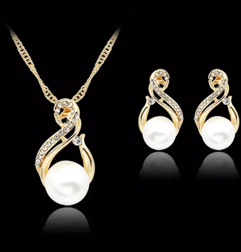 Elegant Women Wedding Pearl Pendant Earrings Necklace Sets Simple Real 18K Gold Plated for Wife, Sister, Friends & Girl Friend