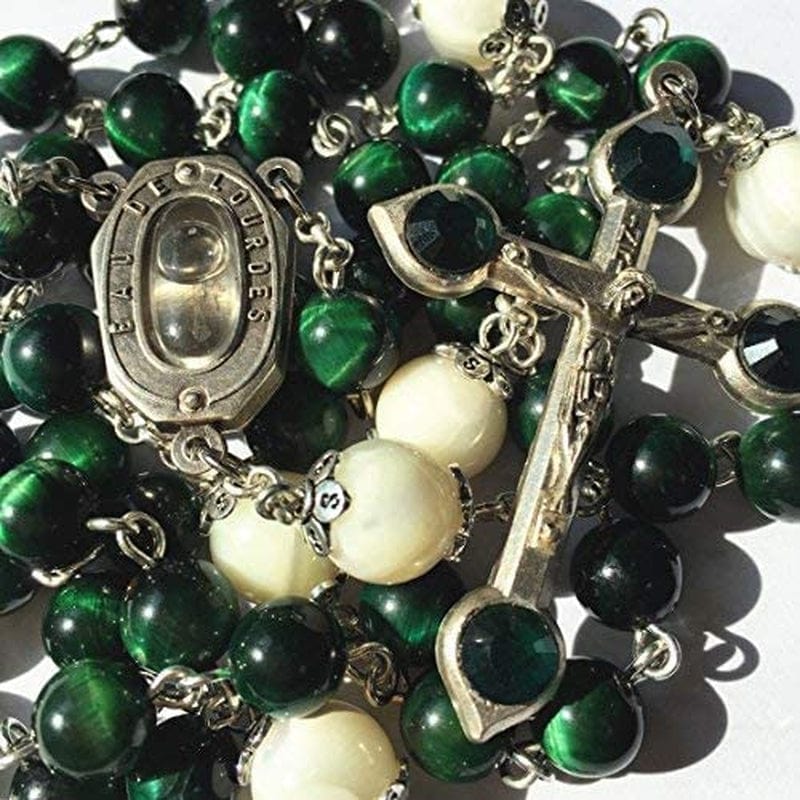 Elegantmedical HANDMADE GREEN TIGER EYE BEADS CATHOLIC ROSARY CRUCIFIX NECKLACE Lourdes Water Medal