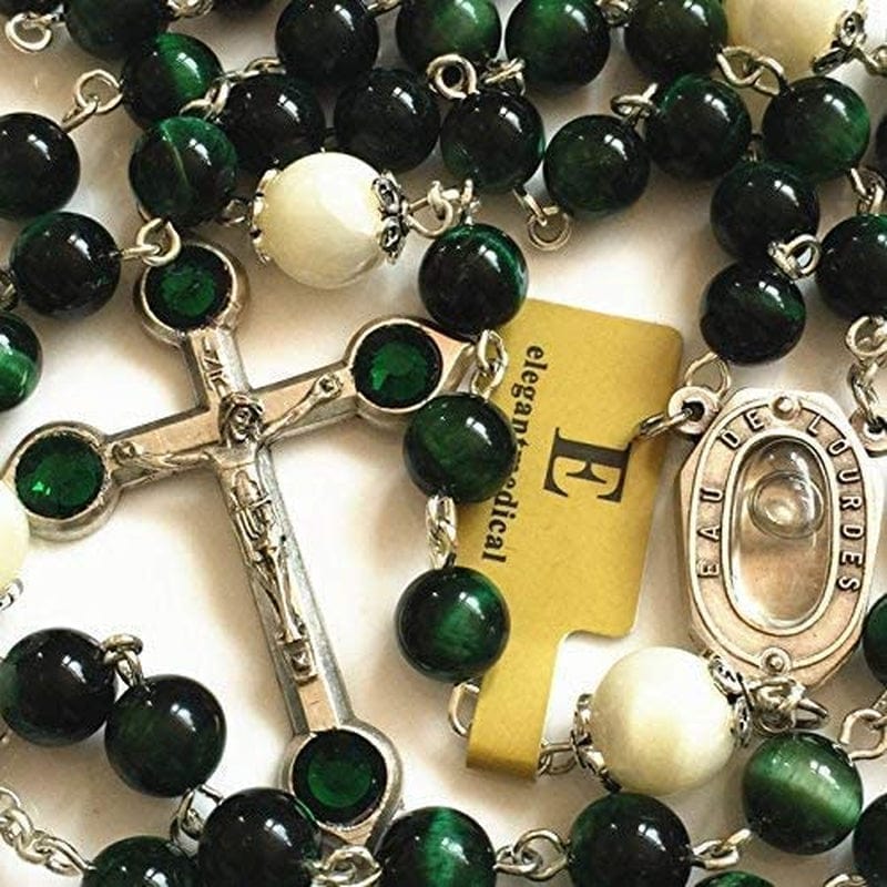 Elegantmedical HANDMADE GREEN TIGER EYE BEADS CATHOLIC ROSARY CRUCIFIX NECKLACE Lourdes Water Medal