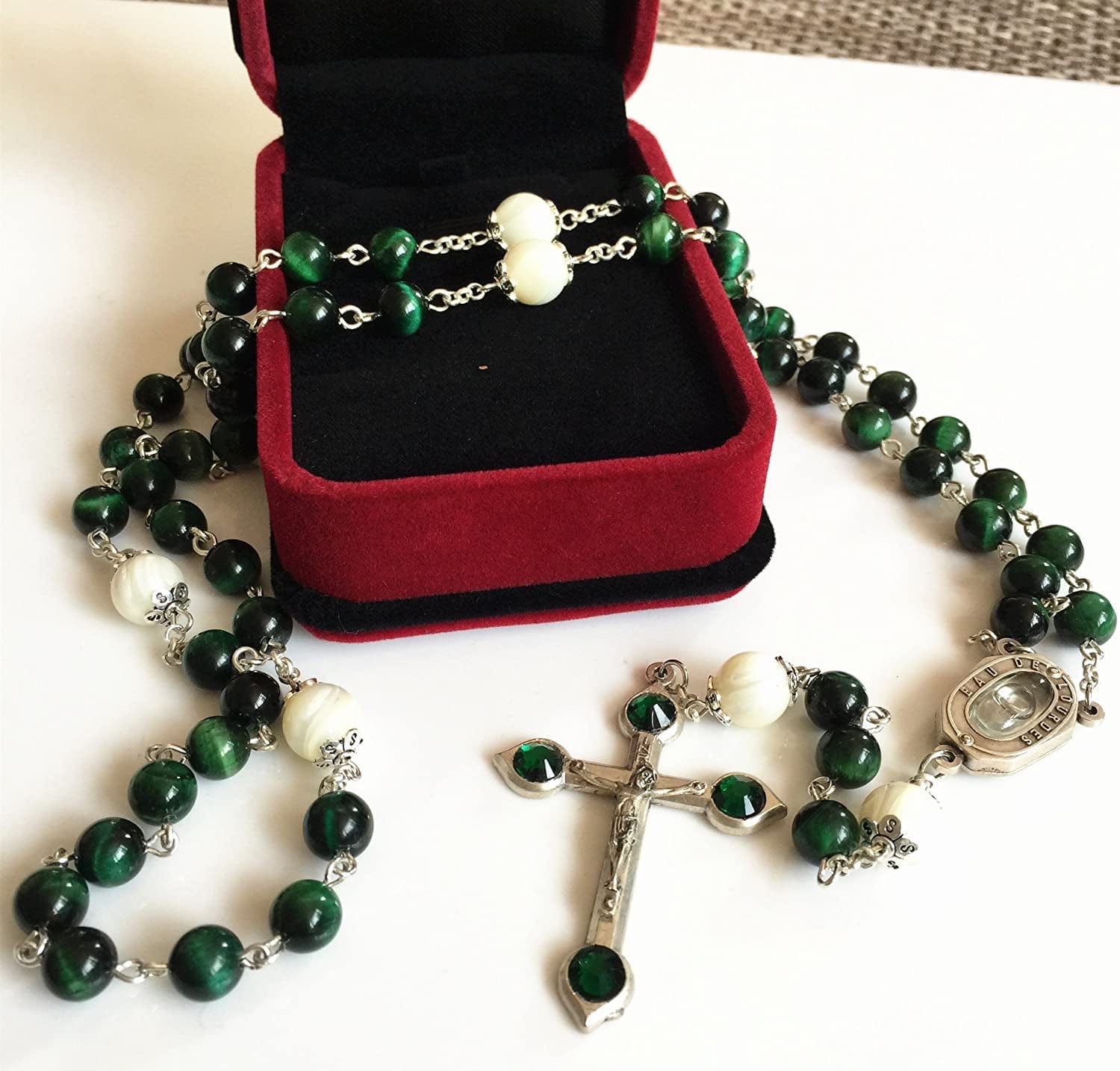 Elegantmedical HANDMADE GREEN TIGER EYE BEADS CATHOLIC ROSARY CRUCIFIX NECKLACE Lourdes Water Medal