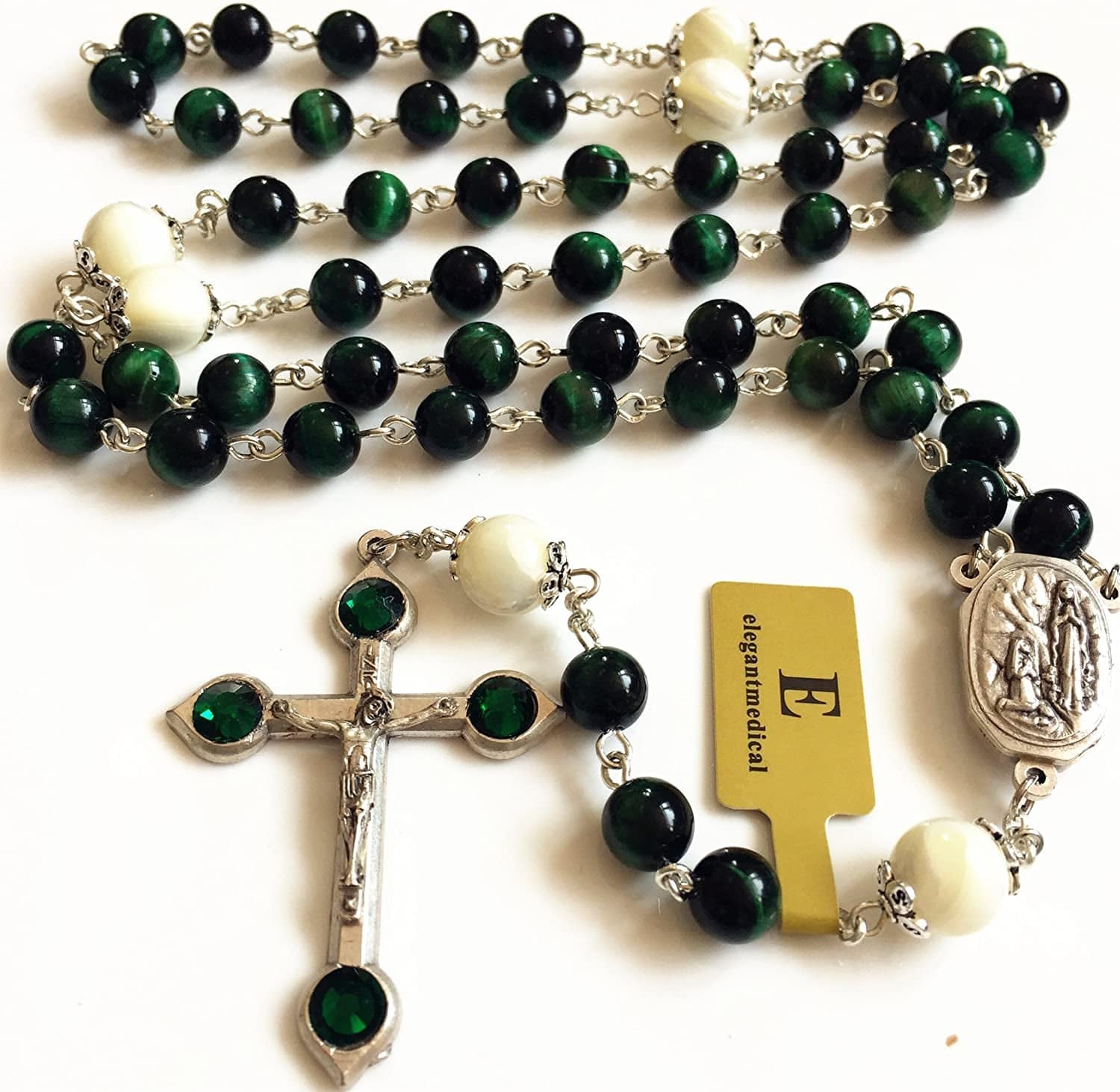Elegantmedical HANDMADE GREEN TIGER EYE BEADS CATHOLIC ROSARY CRUCIFIX NECKLACE Lourdes Water Medal