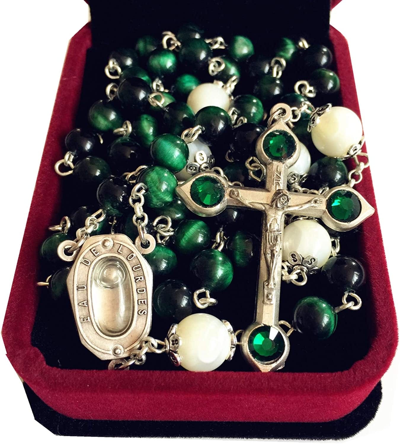 Elegantmedical HANDMADE GREEN TIGER EYE BEADS CATHOLIC ROSARY CRUCIFIX NECKLACE Lourdes Water Medal