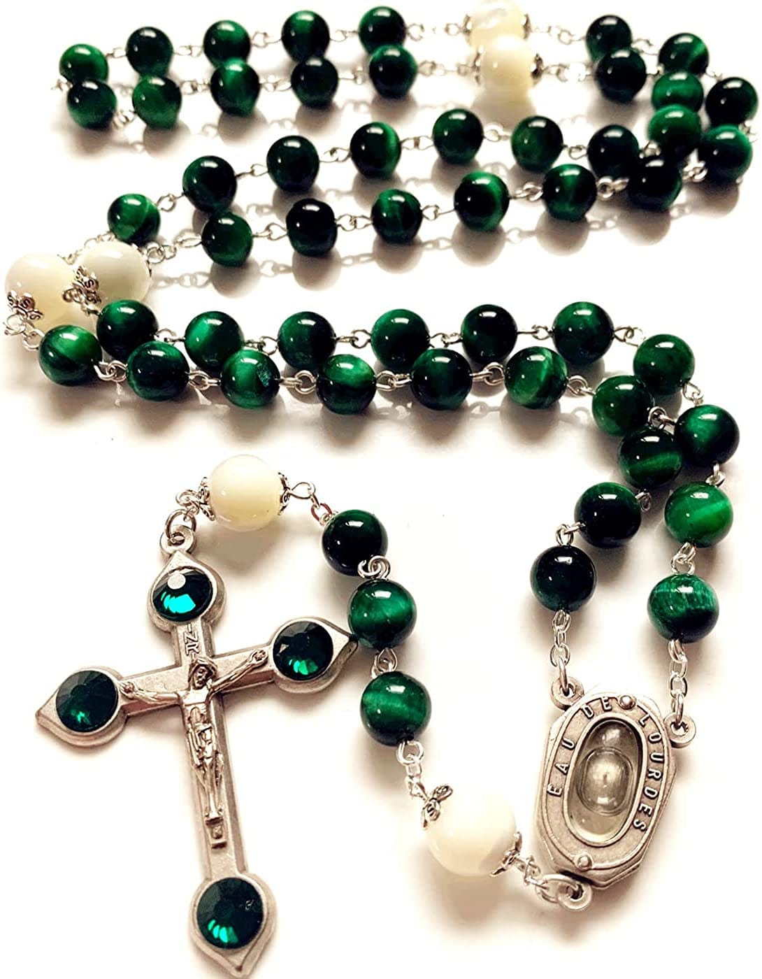Elegantmedical HANDMADE GREEN TIGER EYE BEADS CATHOLIC ROSARY CRUCIFIX NECKLACE Lourdes Water Medal