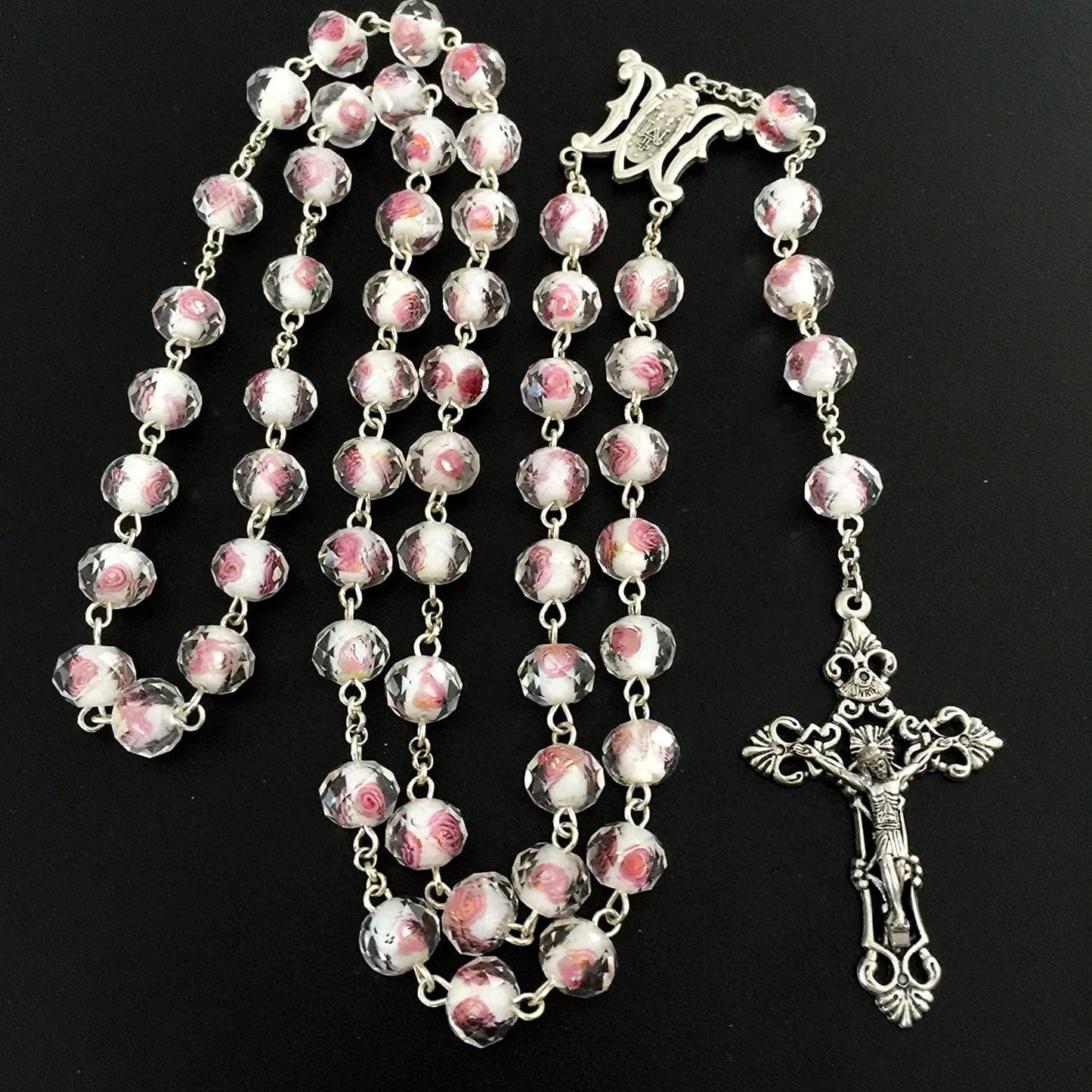 Elegantmedical Handmade ROSE PINK Veluriyam ROSE BEADS ROSARY & ITALY CROSS MEDAL Catholic Necklace GIFT BOX