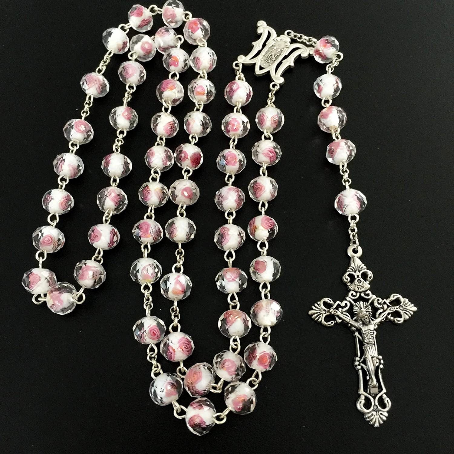 Elegantmedical Handmade ROSE PINK Veluriyam ROSE BEADS ROSARY & ITALY CROSS MEDAL Catholic Necklace GIFT BOX