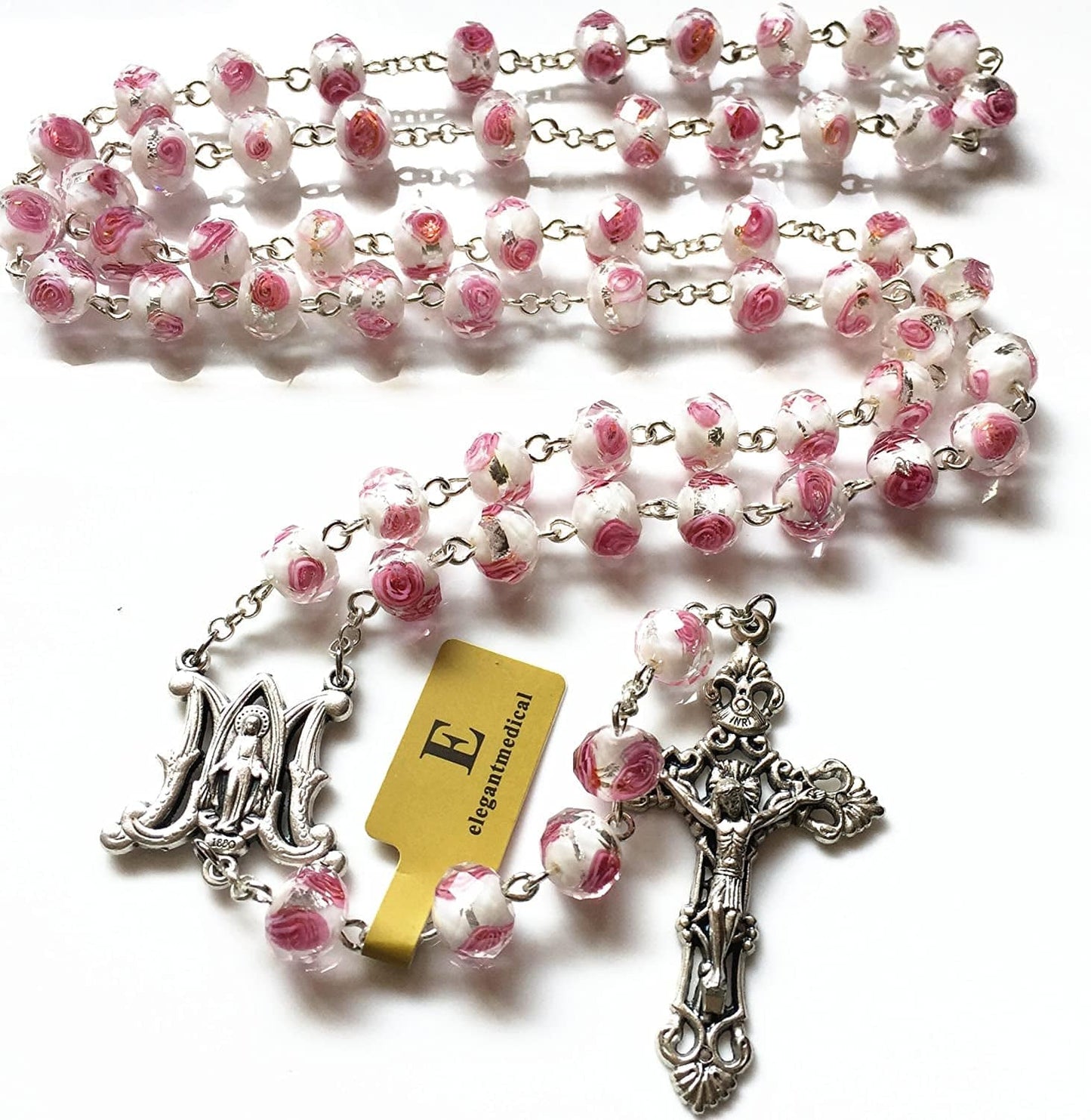 Elegantmedical Handmade ROSE PINK Veluriyam ROSE BEADS ROSARY & ITALY CROSS MEDAL Catholic Necklace GIFT BOX