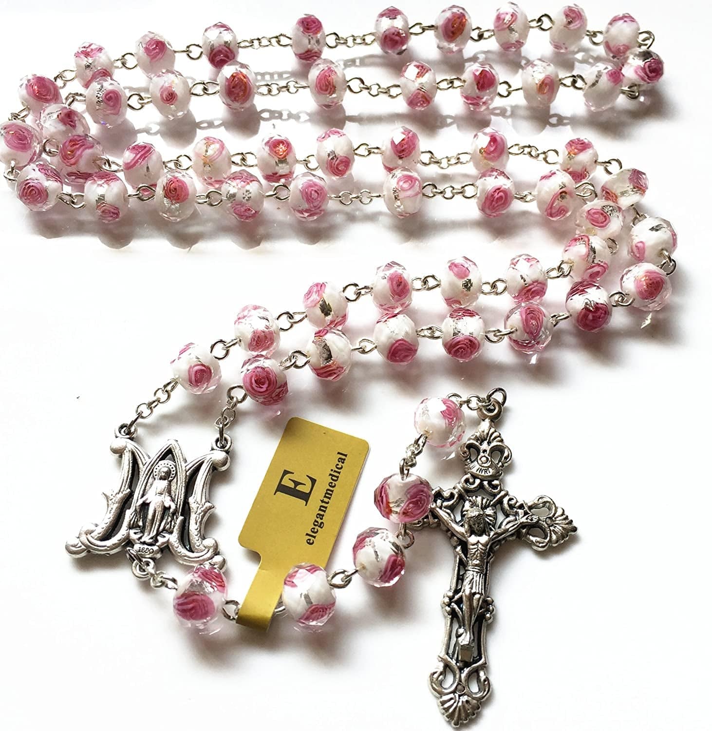 Elegantmedical Handmade ROSE PINK Veluriyam ROSE BEADS ROSARY & ITALY CROSS MEDAL Catholic Necklace GIFT BOX