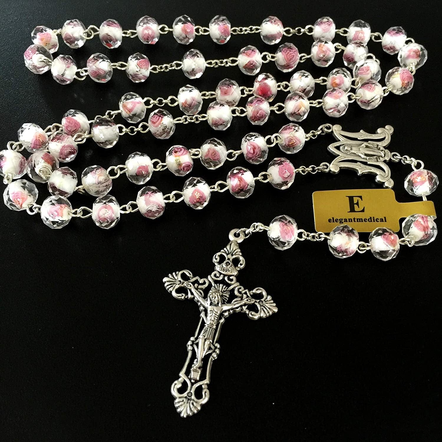 Elegantmedical Handmade ROSE PINK Veluriyam ROSE BEADS ROSARY & ITALY CROSS MEDAL Catholic Necklace GIFT BOX