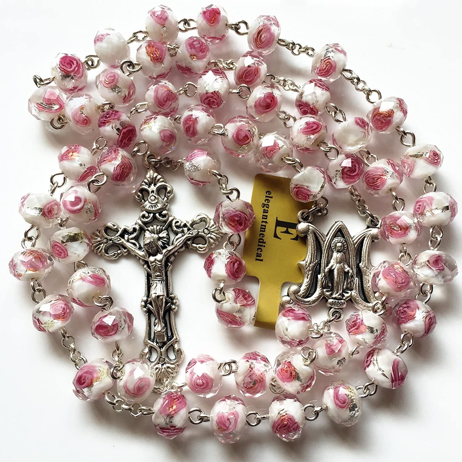 Elegantmedical Handmade ROSE PINK Veluriyam ROSE BEADS ROSARY & ITALY CROSS MEDAL Catholic Necklace GIFT BOX