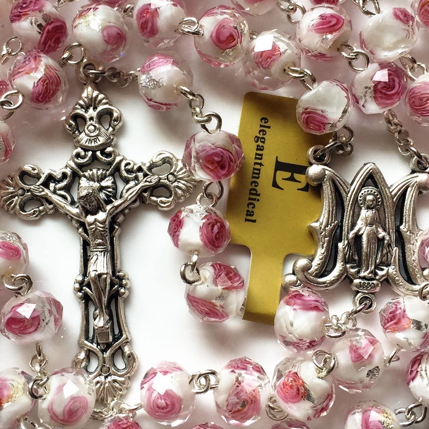 Elegantmedical Handmade ROSE PINK Veluriyam ROSE BEADS ROSARY & ITALY CROSS MEDAL Catholic Necklace GIFT BOX