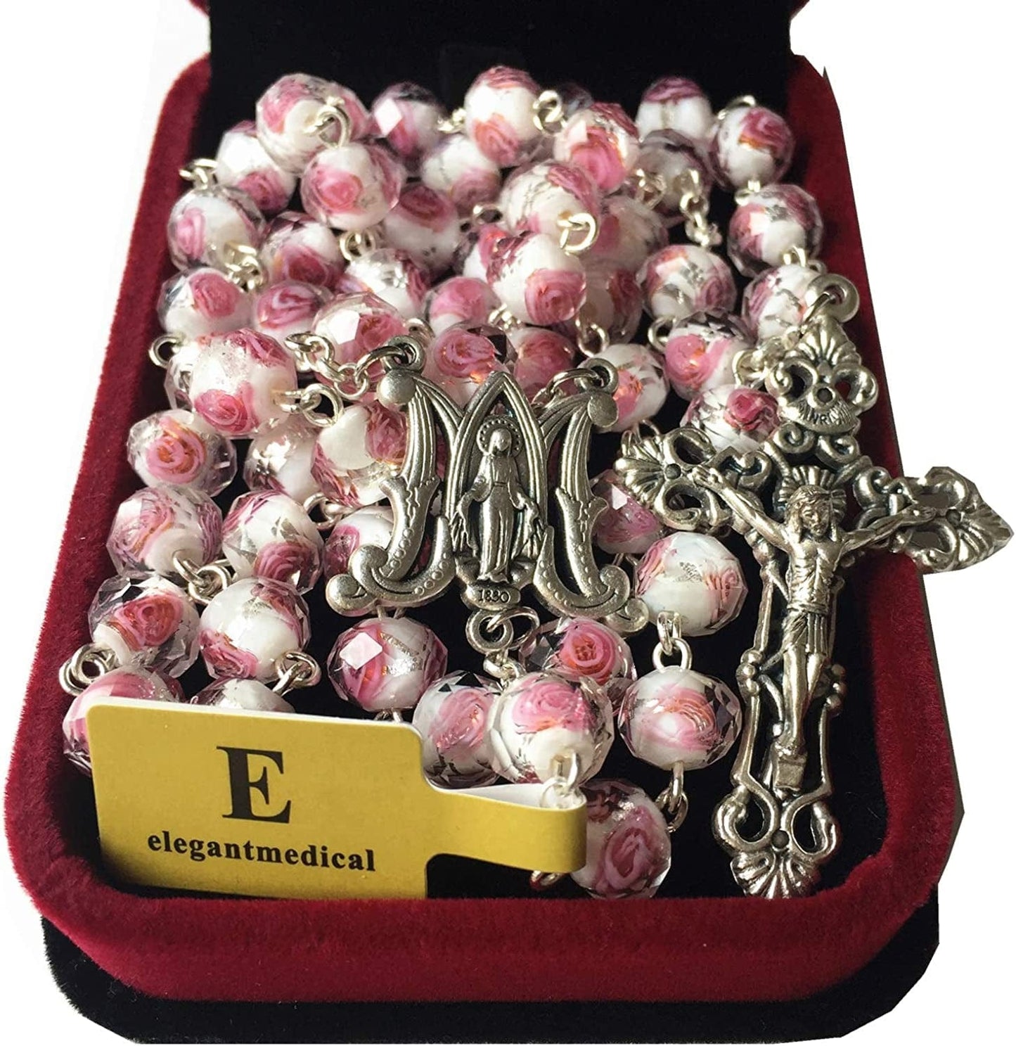 Elegantmedical Handmade ROSE PINK Veluriyam ROSE BEADS ROSARY & ITALY CROSS MEDAL Catholic Necklace GIFT BOX