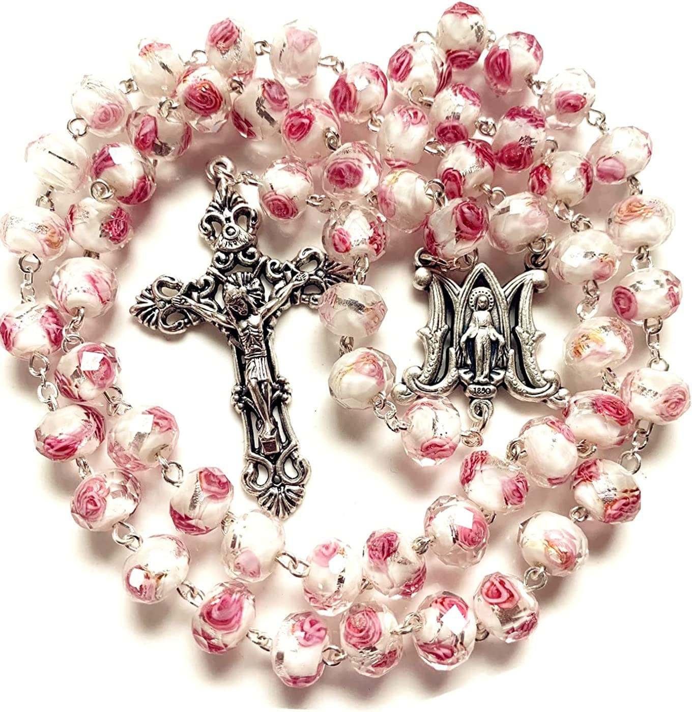 Elegantmedical Handmade ROSE PINK Veluriyam ROSE BEADS ROSARY & ITALY CROSS MEDAL Catholic Necklace GIFT BOX
