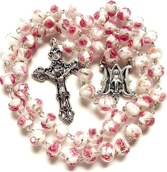 Elegantmedical Handmade ROSE PINK Veluriyam ROSE BEADS ROSARY & ITALY CROSS MEDAL Catholic Necklace GIFT BOX
