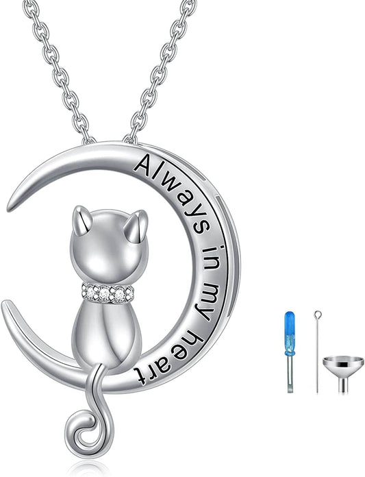 Elephant/Dog/Cat Moon Cremation Urn Necklace for Human Pet Ashes 925 Sterling Silver Keepsake Memorial Locket Holder Jewelry Gift for Women Cat