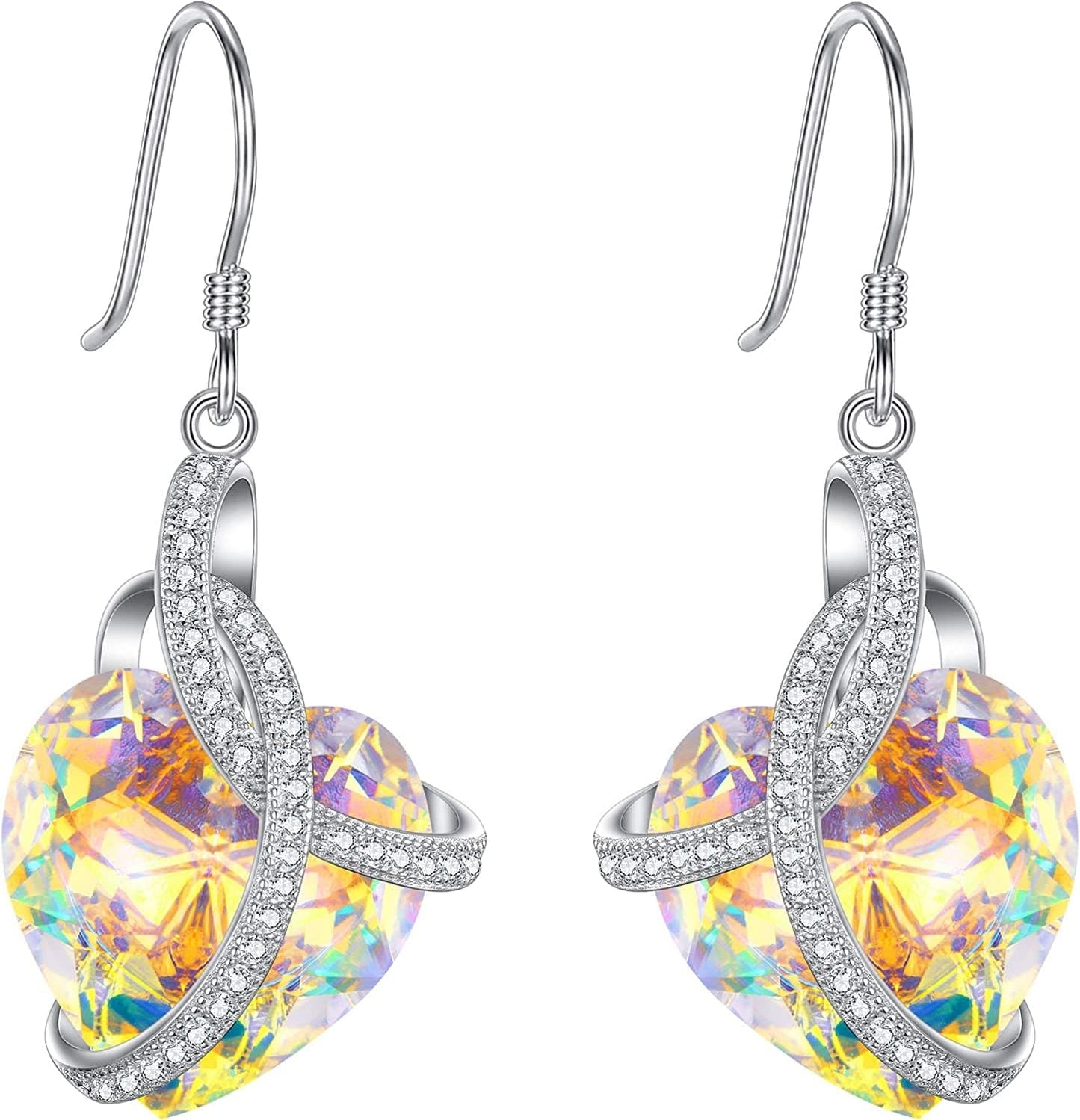Elequeen 925 Sterling Silver Cz"Courageous Heart" Inspired Hook Drop Earrings Made with Austrian Crystals Aurora Borealis AB