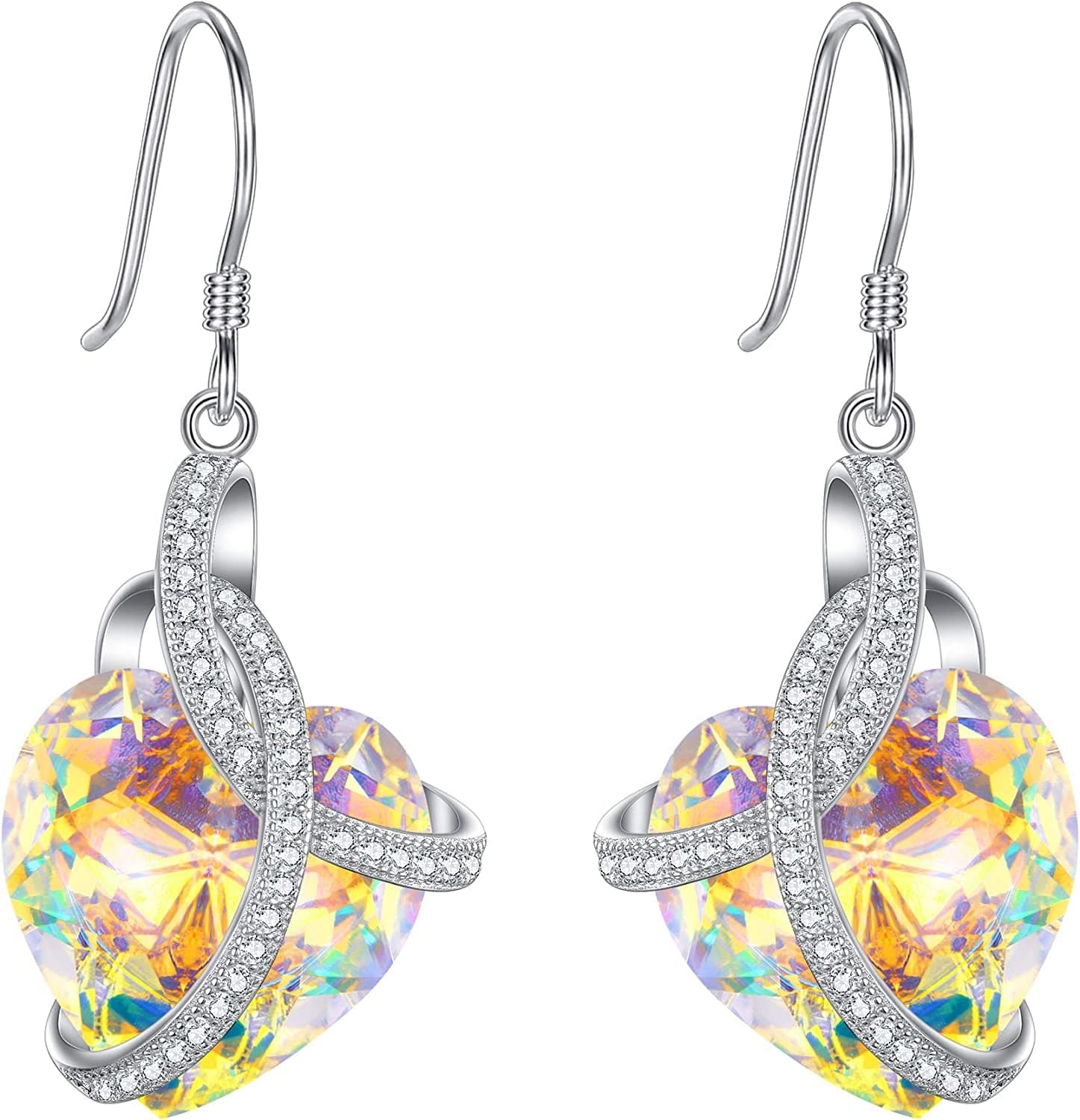 Elequeen 925 Sterling Silver Cz"Courageous Heart" Inspired Hook Drop Earrings Made with Austrian Crystals Aurora Borealis AB