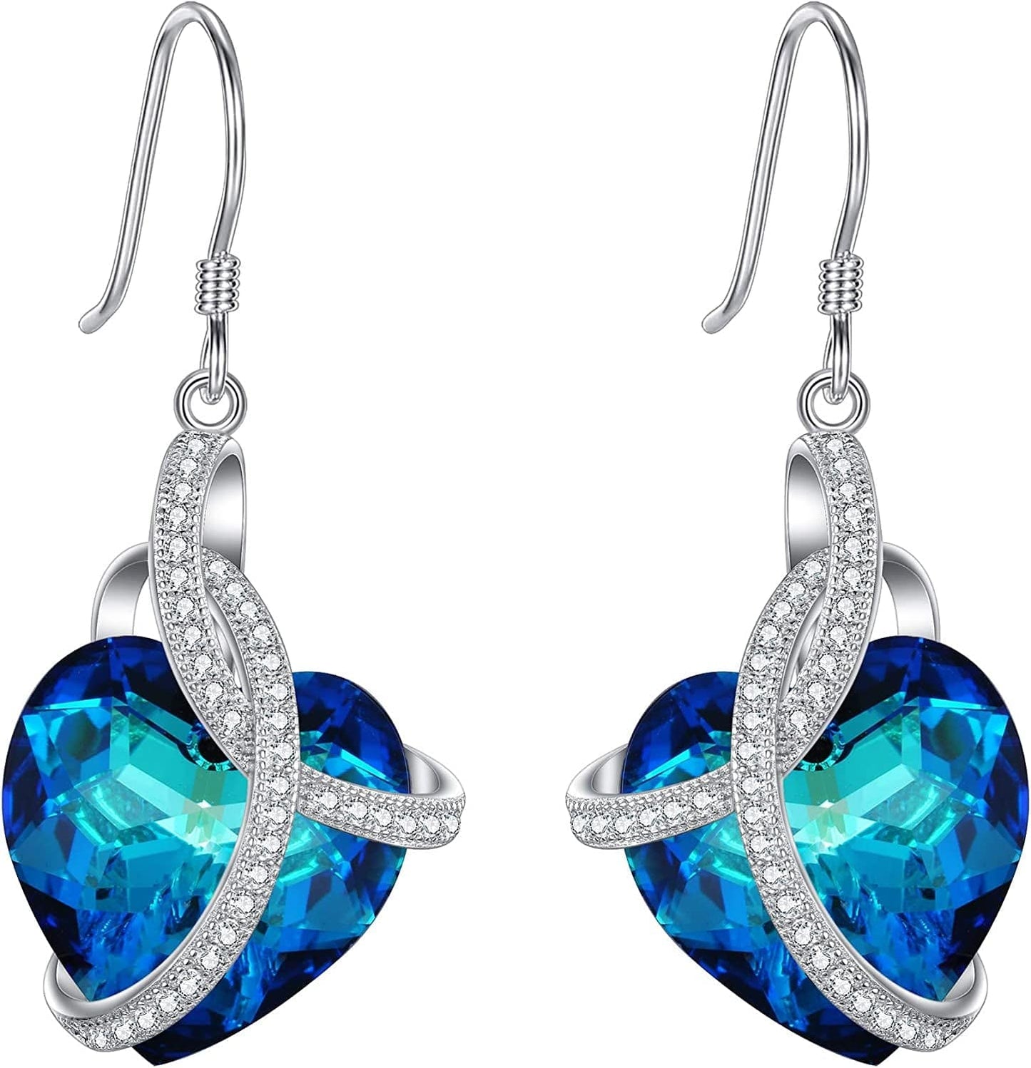 Elequeen 925 Sterling Silver Cz"Courageous Heart" Inspired Hook Drop Earrings Made with Austrian Crystals Bermuda Blue