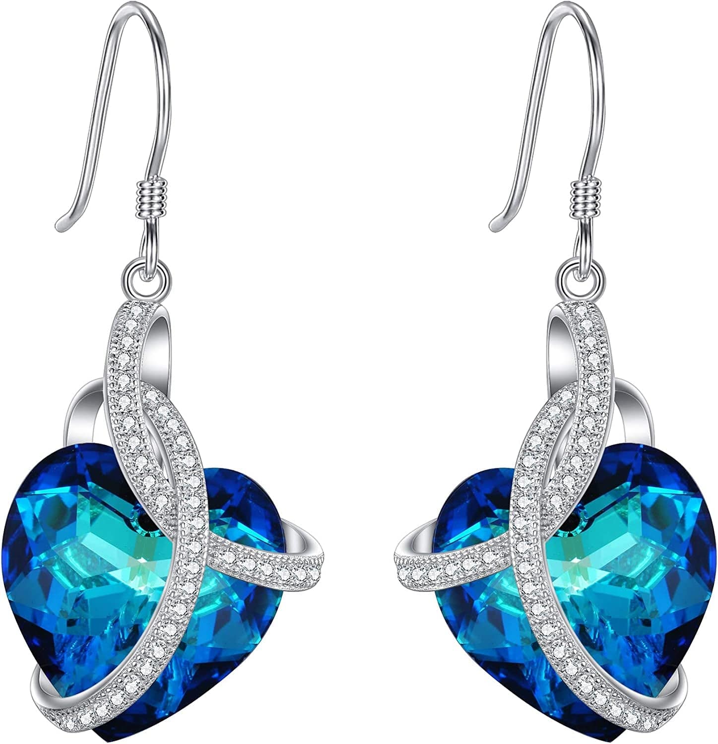 Elequeen 925 Sterling Silver Cz"Courageous Heart" Inspired Hook Drop Earrings Made with Austrian Crystals Bermuda Blue