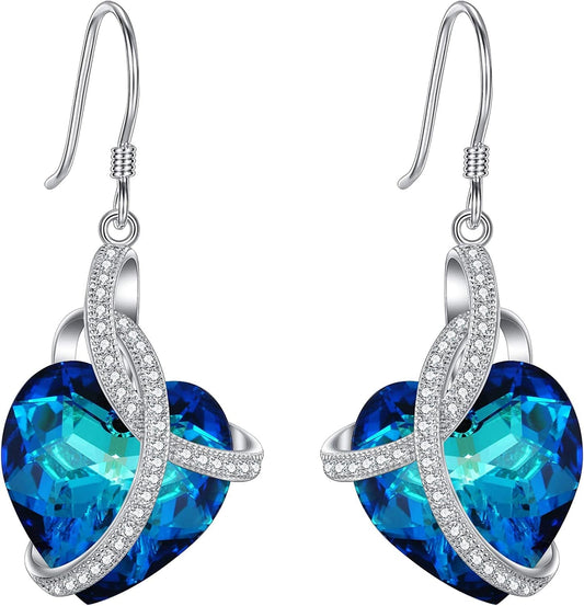 Elequeen 925 Sterling Silver Cz"Courageous Heart" Inspired Hook Drop Earrings Made with Austrian Crystals Bermuda Blue