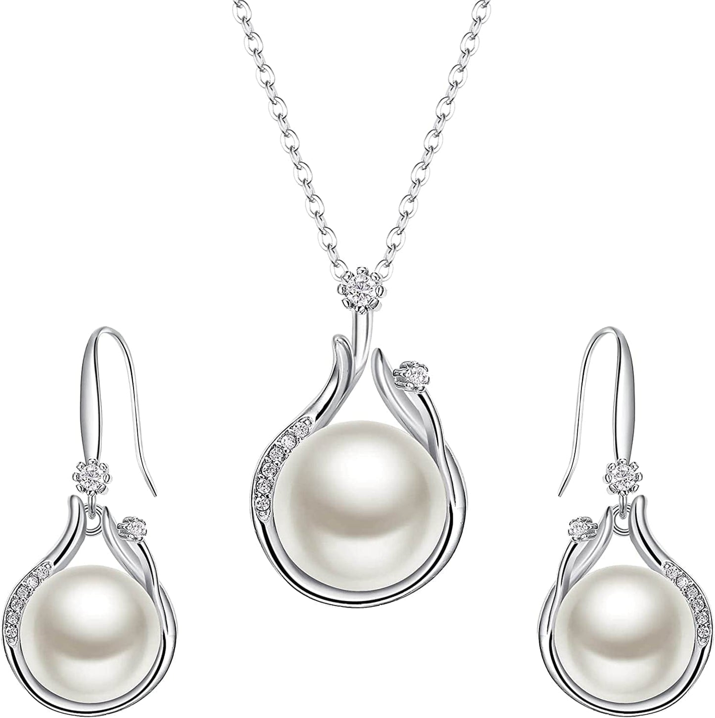Elequeen 925 Sterling Silver CZ Freshwater Cultured Pearls Bridal Pendant Necklace Earrings Wedding Jewelry Sets Pearl Necklace Drop Earrings