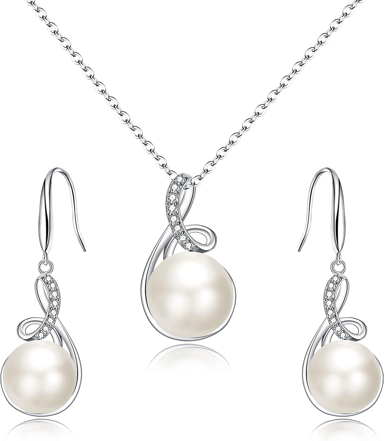 Elequeen 925 Sterling Silver CZ Freshwater Cultured Pearls Bridal Pendant Necklace Earrings Wedding Jewelry Sets Pearl Jewelry Sets