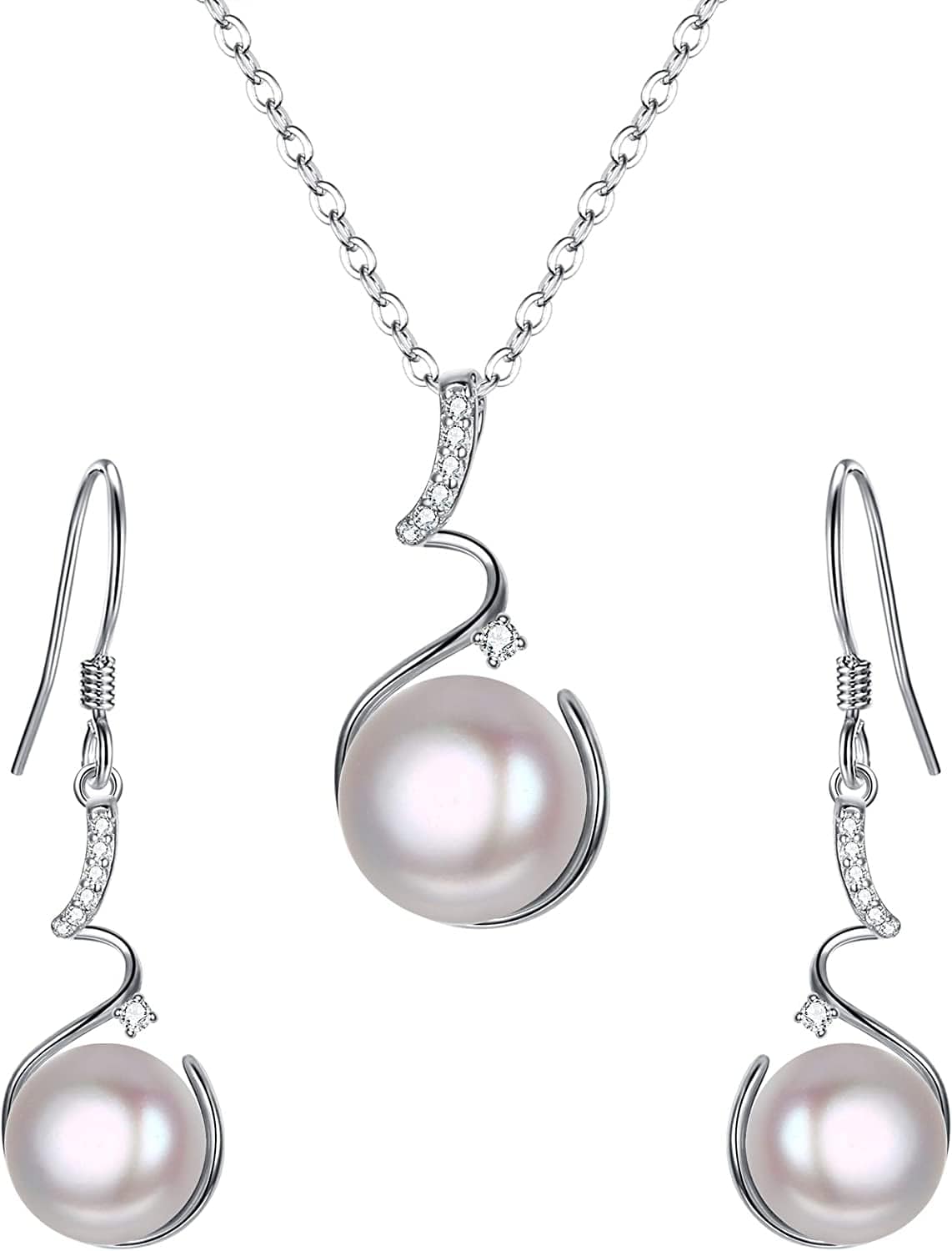 Elequeen 925 Sterling Silver CZ Freshwater Cultured Pearls Bridal Pendant Necklace Earrings Wedding Jewelry Sets Pearl Necklace Sets