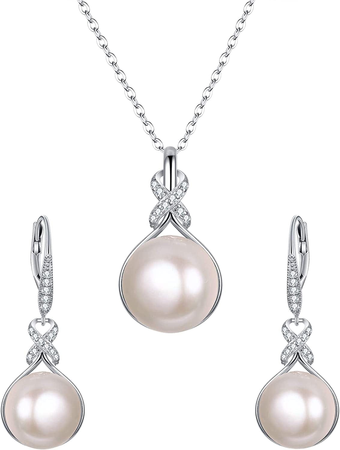Elequeen 925 Sterling Silver CZ Freshwater Cultured Pearls Bridal Pendant Necklace Earrings Wedding Jewelry Sets Pearl Necklace Leverback Earrings