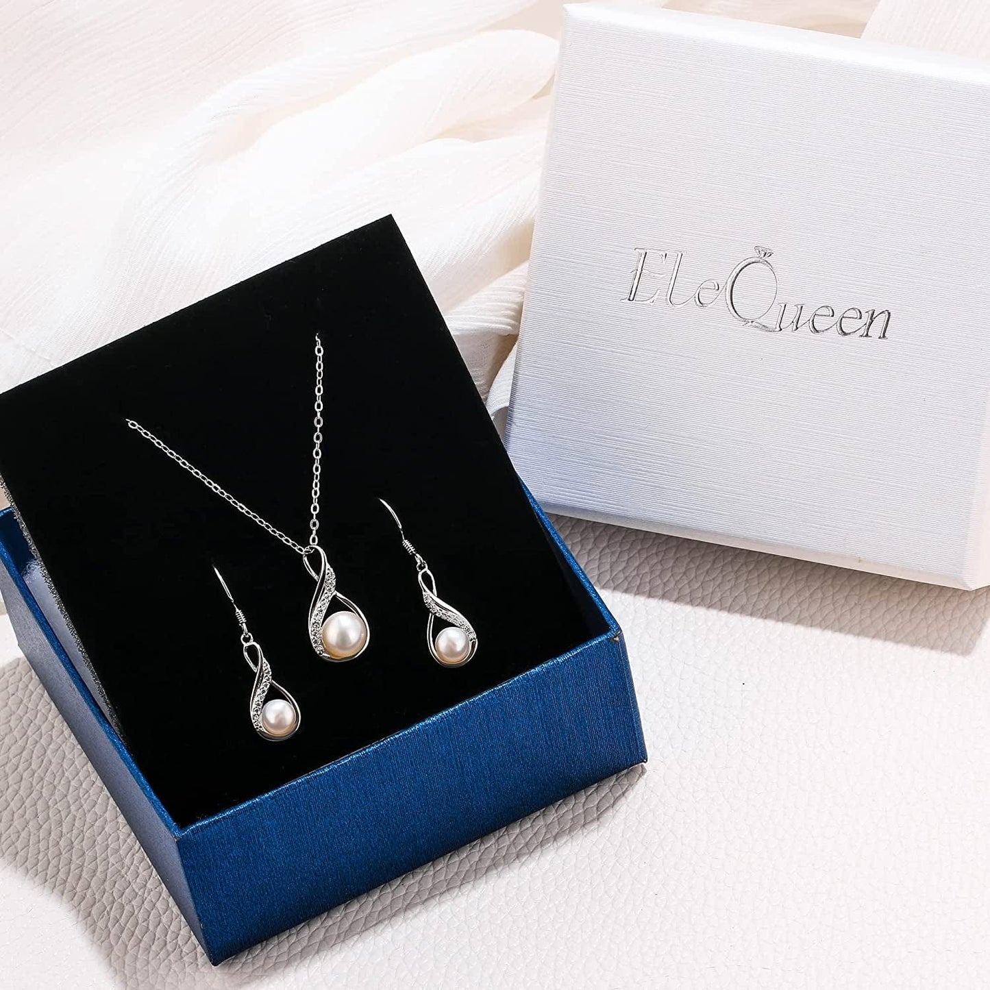 Elequeen 925 Sterling Silver CZ Freshwater Cultured Pearls Bridal Pendant Necklace Earrings Wedding Jewelry Sets