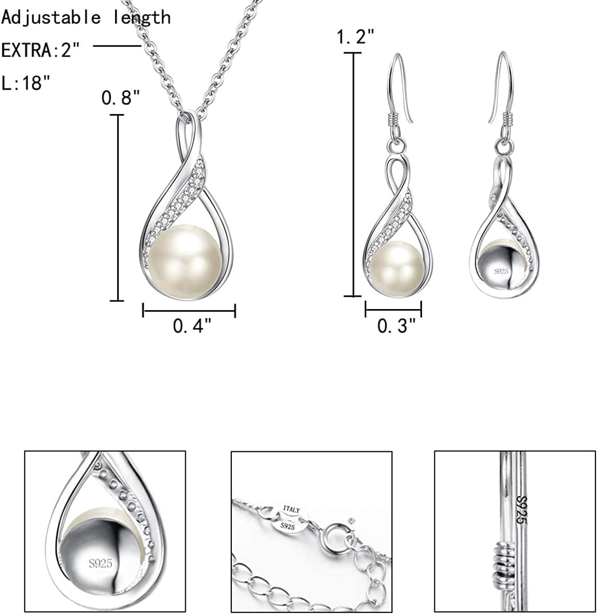 Elequeen 925 Sterling Silver CZ Freshwater Cultured Pearls Bridal Pendant Necklace Earrings Wedding Jewelry Sets
