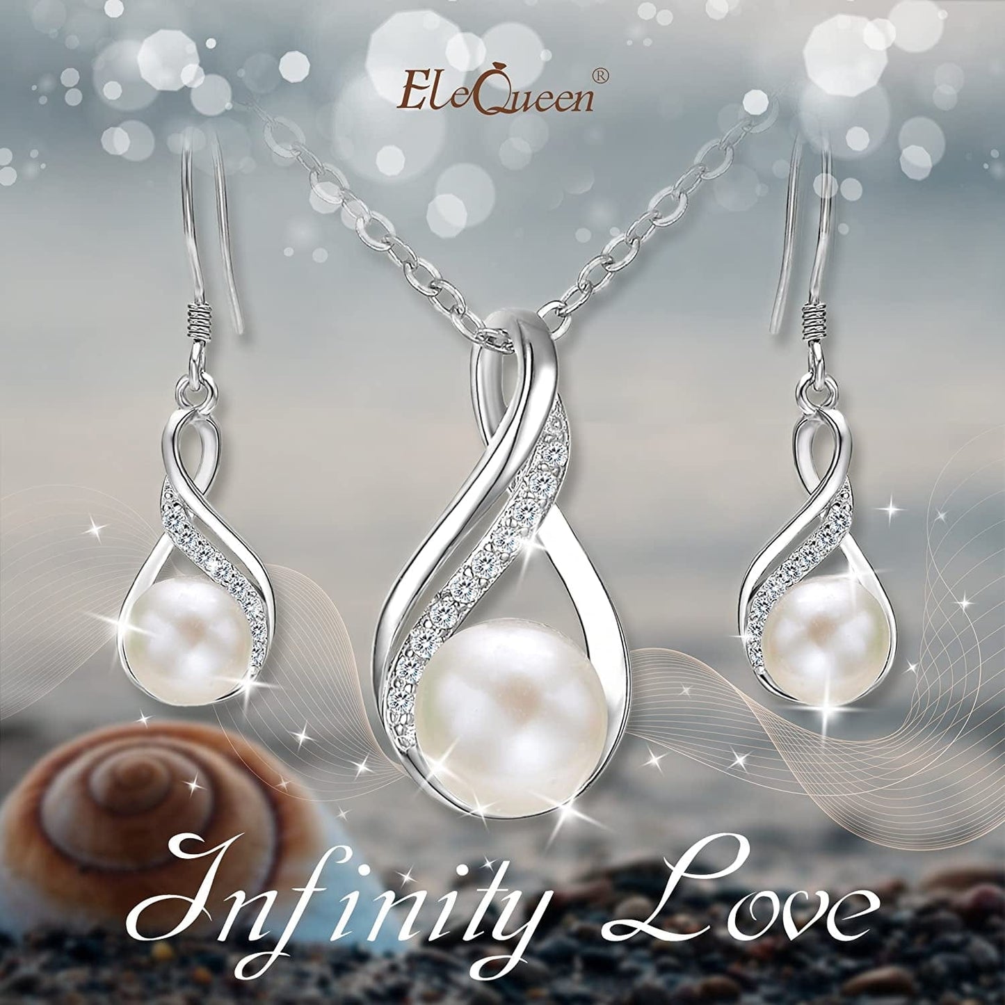 Elequeen 925 Sterling Silver CZ Freshwater Cultured Pearls Bridal Pendant Necklace Earrings Wedding Jewelry Sets
