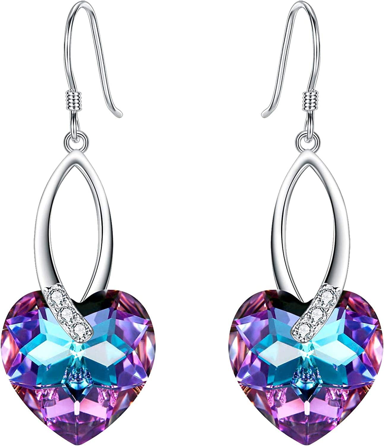 Elequeen 925 Sterling Silver CZ Love Heart French Hook Dangle Earrings Made with Swarovski Crystals Vitrail Light