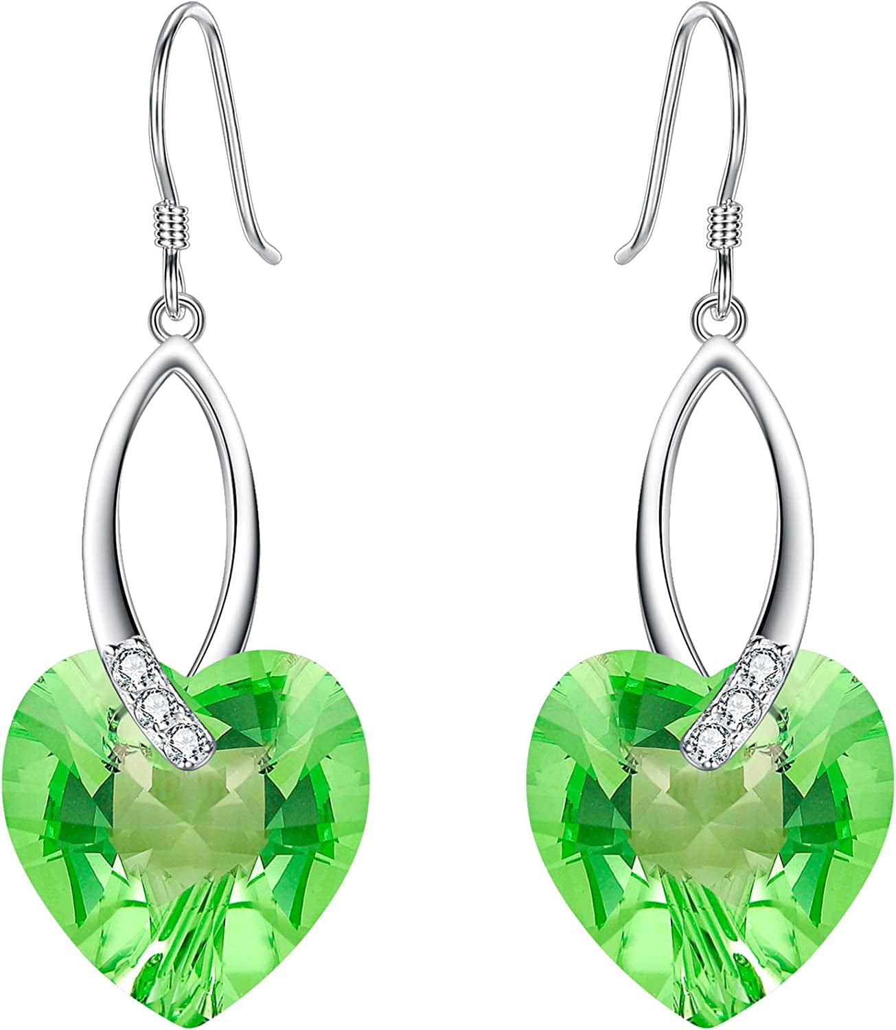 Elequeen 925 Sterling Silver CZ Love Heart French Hook Dangle Earrings Made with Swarovski Crystals Light Green