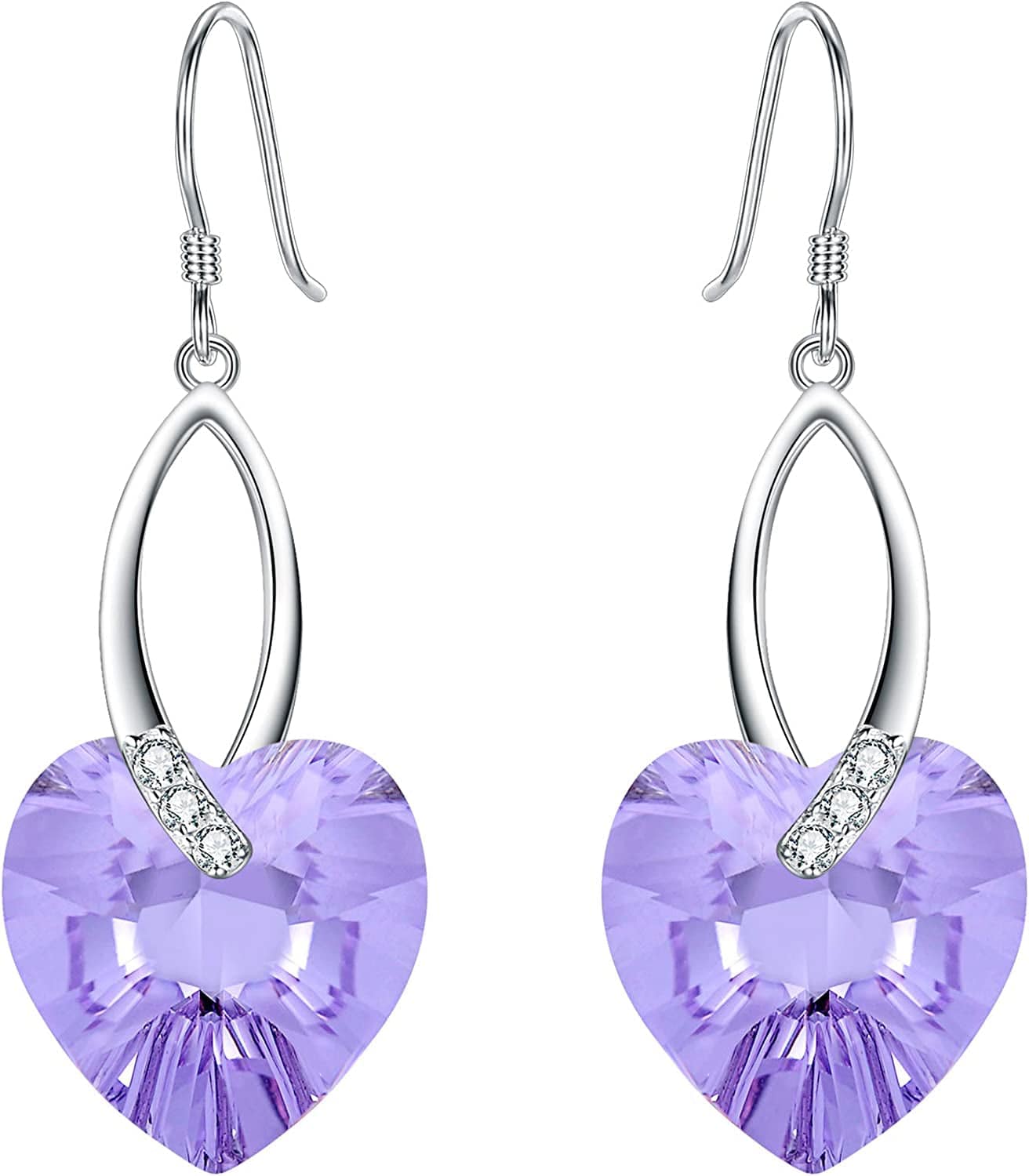 Elequeen 925 Sterling Silver CZ Love Heart French Hook Dangle Earrings Made with Swarovski Crystals Light Violet