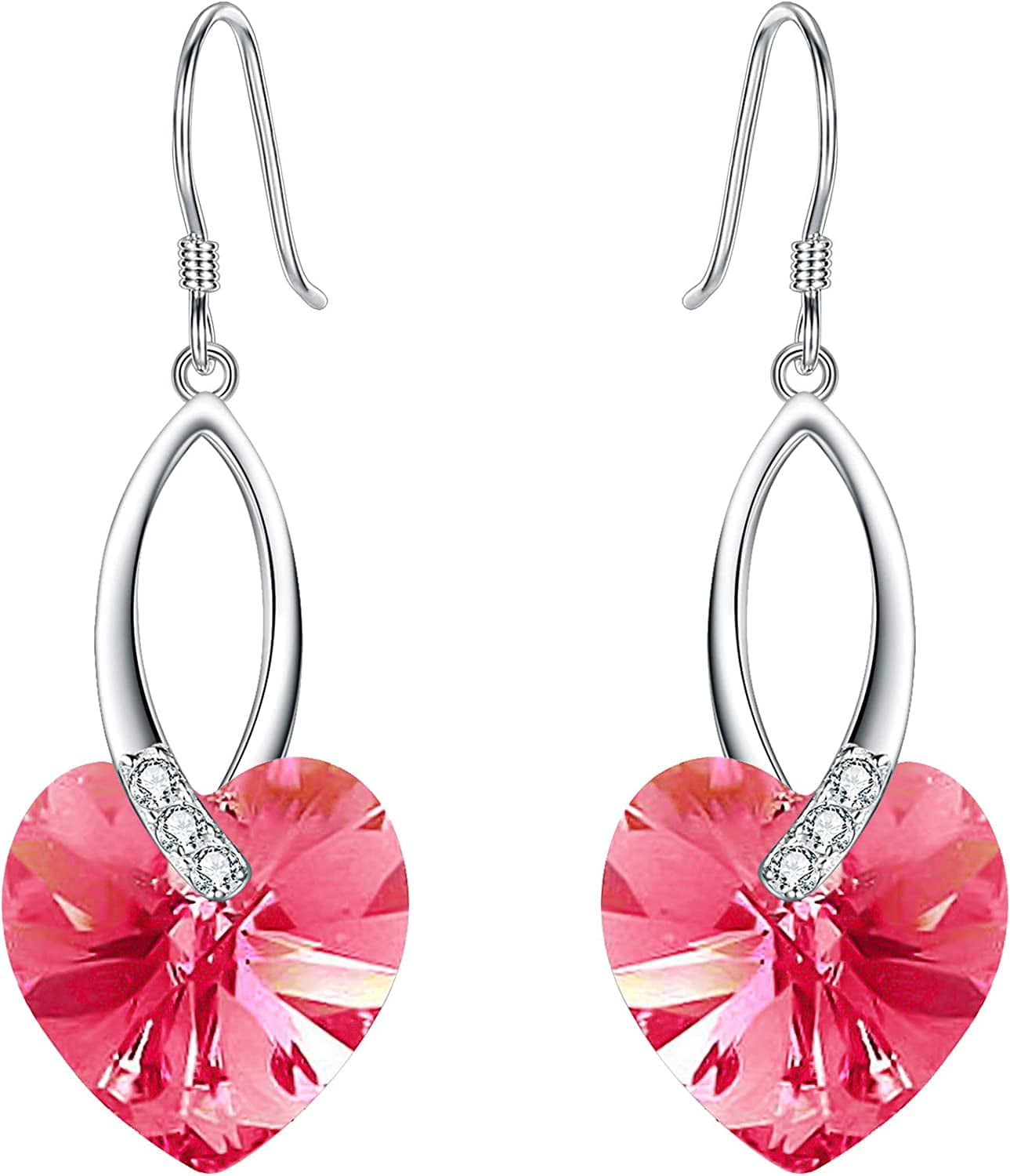 Elequeen 925 Sterling Silver CZ Love Heart French Hook Dangle Earrings Made with Swarovski Crystals ink Tourmaline