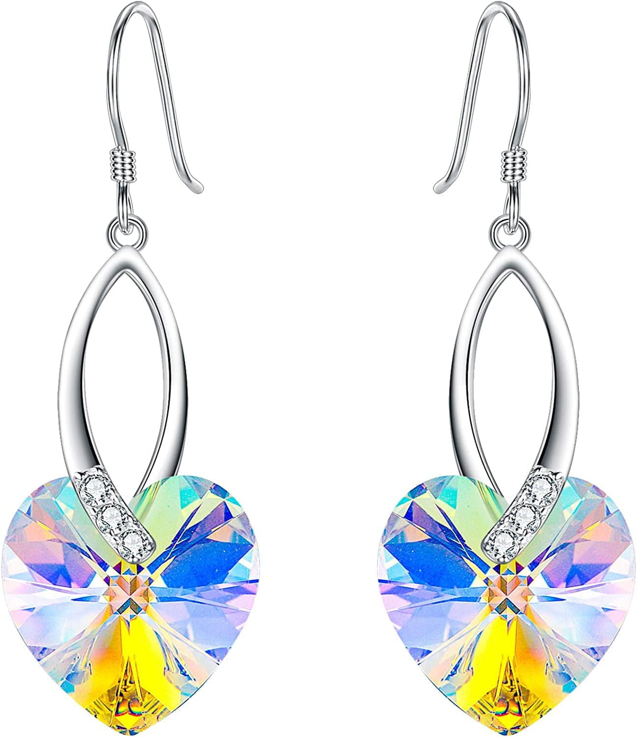 Elequeen 925 Sterling Silver CZ Love Heart French Hook Dangle Earrings Made with Swarovski Crystals Iridescent Aurora Borealis AB