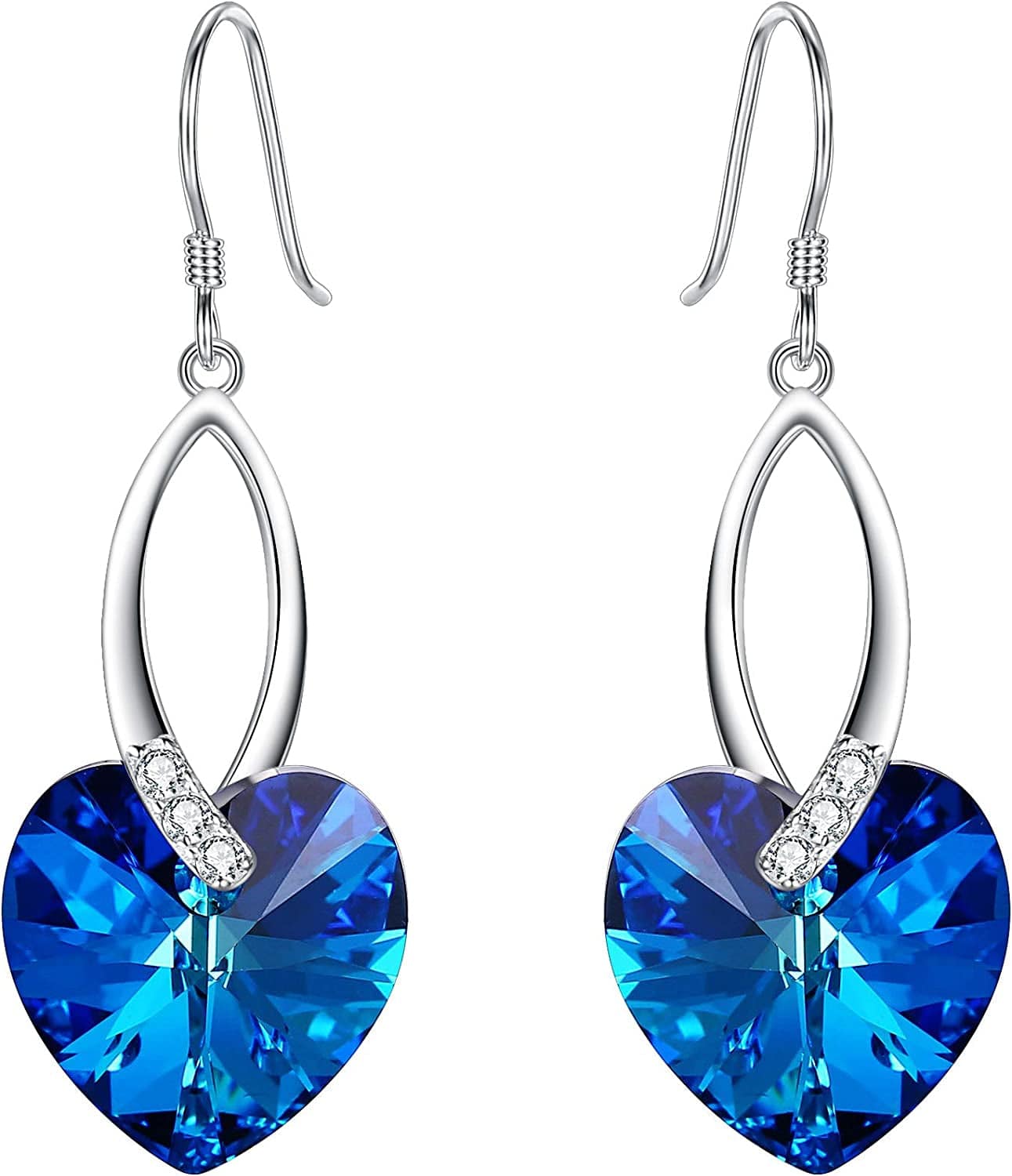 Elequeen 925 Sterling Silver CZ Love Heart French Hook Dangle Earrings Made with Swarovski Crystals Bermuda Blue