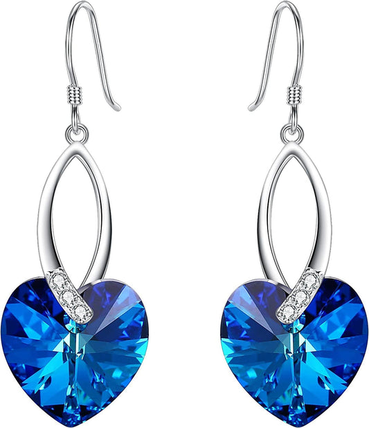Elequeen 925 Sterling Silver CZ Love Heart French Hook Dangle Earrings Made with Swarovski Crystals Bermuda Blue